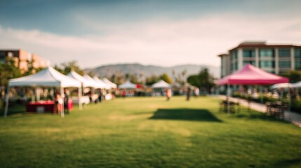 Outdoor market event on a grassy lawn with tents. Blurred background for a dreamy, artistic effect, perfect for capturing a relaxed atmosphere.