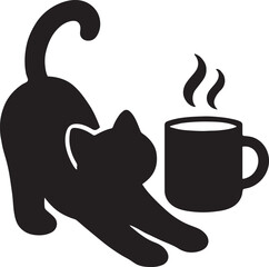 Obraz premium Silhouette vector of cat stretching with cup of coffee nearby, cozy morning scene design.