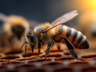 Naklejka premium Close-up of a bee with distinct striped abdomen and translucent wings on a honeycomb. In the background, another bee is visible. The image captures warmth and vibrant details