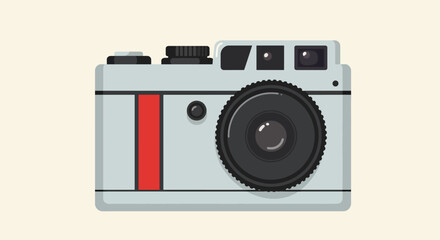 Retrostyle compact camera with a prominent lens and red stripe detail.