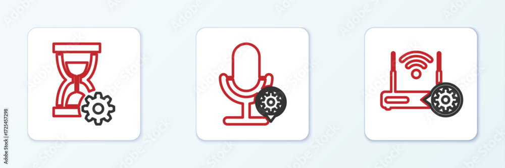 Poster set line router and wi-fi setting, hourglass and microphone icon. vector