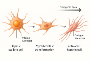 Illustration showing the transformation of a hepatic stellate cell into an activated hepatic cell, indicating fibrogenesis and collagen secretion.