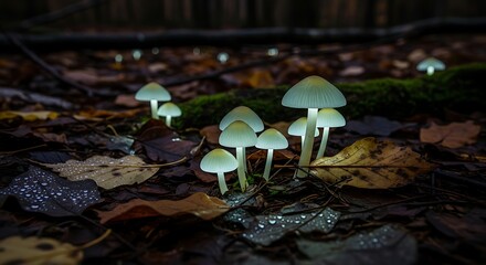 Glowing mushrooms cluster on forest floor amongst fallen leaves and moss, illuminated in the dark
