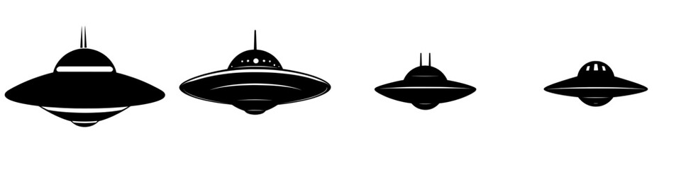 Fototapeta premium A classic flying saucer UFO is depicted in stark black silhouette against a clean background, ideal for sci-fi designs and futuristic concepts