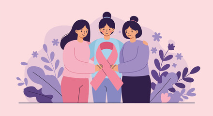 Three women holding a pink ribbon symbolizing breast cancer awareness and support.