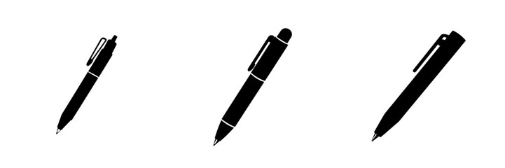 A minimalist black silhouette of a pen with a click cap, isolated against a transparent background, is represented by the Simple Black Pen Icon, ideal for logos, stationery design, and minimalist
