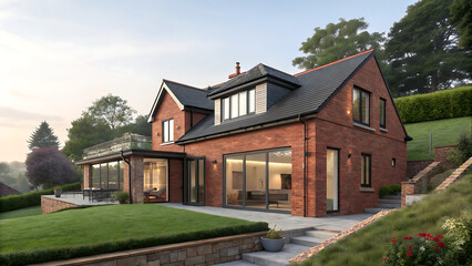 Naklejka premium house on the hill, Ultra realistic exterior view of contemporary British home featuring red brick walls and black tiled roof. Modern design includes large sliding glass doors opening onto manicured