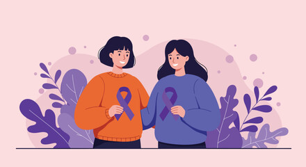 Two women holding purple awareness ribbons symbolizing support and solidarity.