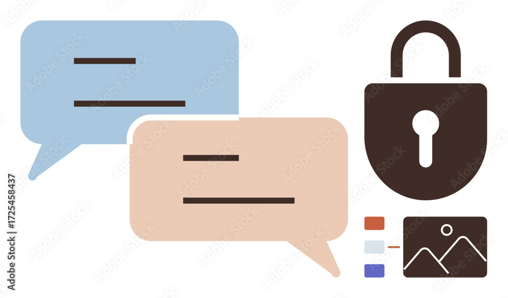 Poster two chat bubbles for dialogue, a lock symbol for security, and simplified graphs for data sharing. i