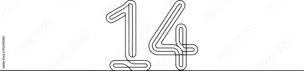Poster minimalist continuous one line drawing of number 14 in modern black geometric line art style on whit