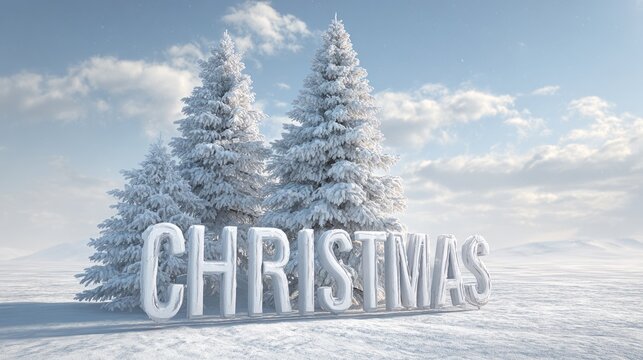 Snow-covered Christmas trees with icy CHRISTMAS text in winter landscape. Snowy pine trees and icy CHRISTMAS letters in a frosty open field with blue sky and clouds