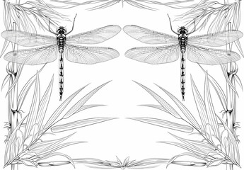 Asian Ink Style Dragonflies and Bamboo Elegant Minimalist Illustration
