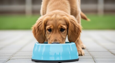 Golden-colored puppy eating from a blue bowl on a patio with greenery in the background