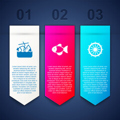 Set Sinking cruise ship, Fish and Ship steering wheel. Business infographic template. Vector