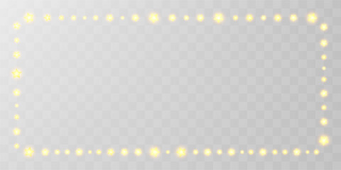 Light garland frame rectangle. Fairy star straight string, shiny decorative border. Vector transparent bulb festoon, holiday party invitation. Christmas golden glitter wreath, festive ramadan pattern