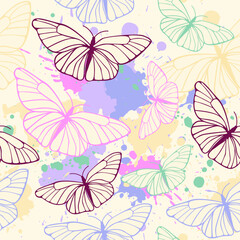 A seamless pattern of outline butterflies on a cream background with paint splatters