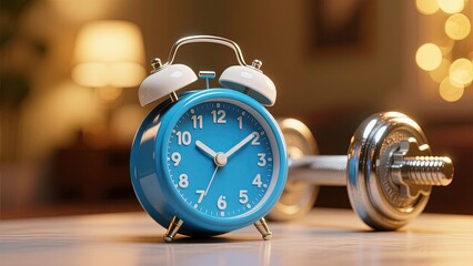 Fitness Time Management, blue alarm clock with dumbbell in the background, exercise time
