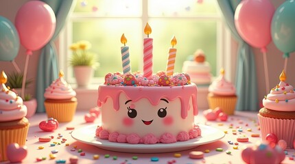 A cute whimsical cartoon-style birthday cake with a smiling face decorated with pink frosting color