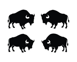 Four distinct black silhouette illustrations of american bison standing majestically against a clean white background representing wildlife and nature