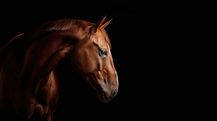 Obraz premium Majestic chestnut horse portrait against a stark black background, capturing the animal's grace and beauty in profile.