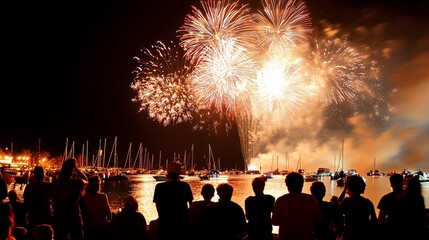 A vibrant fireworks display illuminates the night sky, with a crowd of spectators silhouetted against the sparkling water and boats.