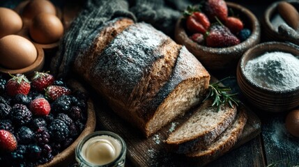 Artisanal bread creation with forest berries and creamy dairy essence