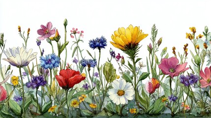 Fototapeta premium Watercolor wildflower field, a vibrant tapestry of colorful blooms. Delicate stems and leaves sway gently, capturing the essence of nature's beauty.