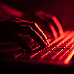 Intense Hacker Typing on Red-Illuminated Keyboard

