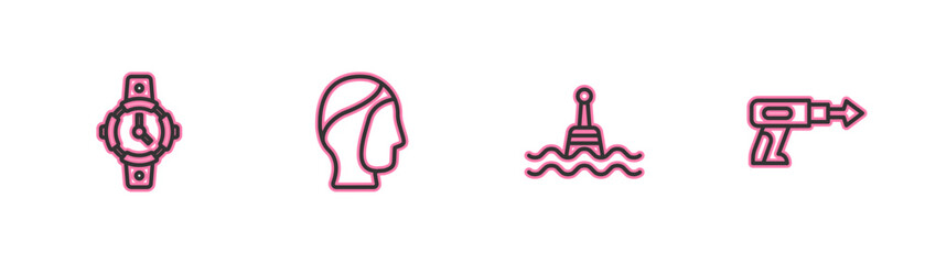 Set line Diving watch, Floating buoy, hood and Fishing harpoon icon. Vector