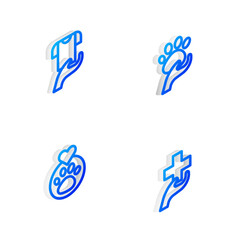 Fototapeta premium Set Isometric line Animal volunteer, Clothes donation, Heart with animals footprint and cross icon. Vector
