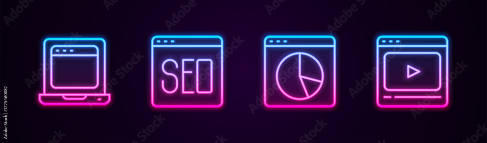 Poster set line laptop with browser window, seo optimization, graph chart infographic and online play video