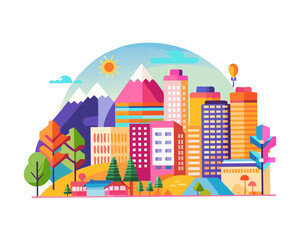 Fototapeta premium Colorful Cityscape Illustration | Abstract Geometric Buildings & Nature