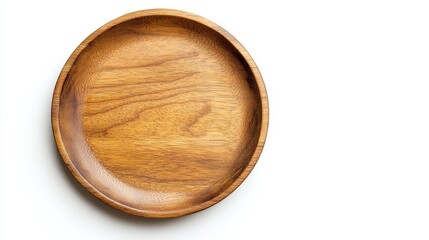 A wooden plate with nothing on it, seen from above and at an angle, isolated on a white background.
