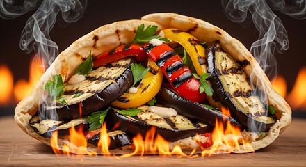 Grilled eggplant and peppers in a pita pocket, flames visible below, steam rising above