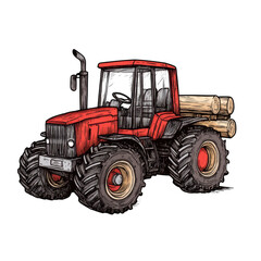 Obraz premium Vintage Engraving of Logging Tractor with Wood Logs in a Detailed Art Style, isolated on transparent background.