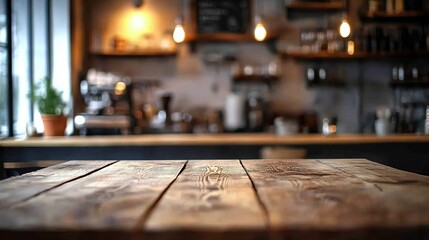 A wooden tabletop with a blurry kitchen behind it. Great for showing off products or designs.
