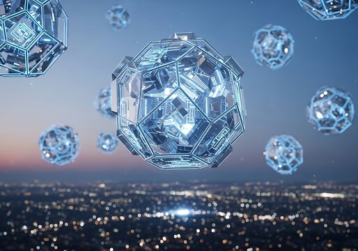 Futuristic glass spheres floating above a cityscape at dusk with blue skies. - Powered by Adobe