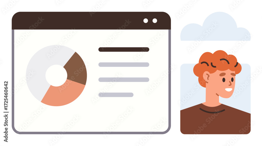 Poster colorful pie chart displayed on a digital screen alongside a smiling user headshot. ideal for online
