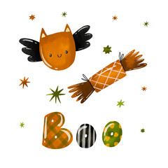 Halloween collection for kids party with bat and candy .  Hand drawn invitation for october horror party. Skull design