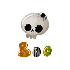 Halloween greeting card for kids party with skull .  Hand drawn invitation for october horror party. Skull design