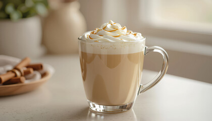 Butterscotch latte in glass mug against a neutral stone backdrop with copy space