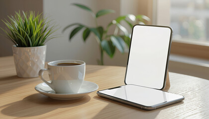 Smartphone mockup with blank screen on minimalist office desk against a wooden background