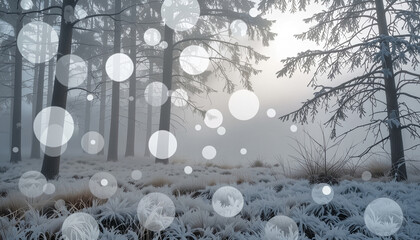 Abstract winter background with hazy circles of neutral spectrum on a soft gray background.