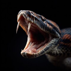 Menacing Snake Portrait - Open Mouth and Sharp Fangs on Black.
