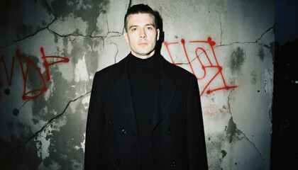 Full body portrait of a man in his 40s wearing 1980s Berlin post-punk fashion, long dark overcoat and angular silhouette, retro underground style illustration