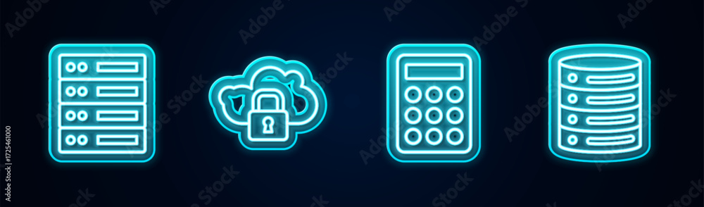 Poster set line server, data, web hosting, cloud computing lock, password protection and . glowing neon ico