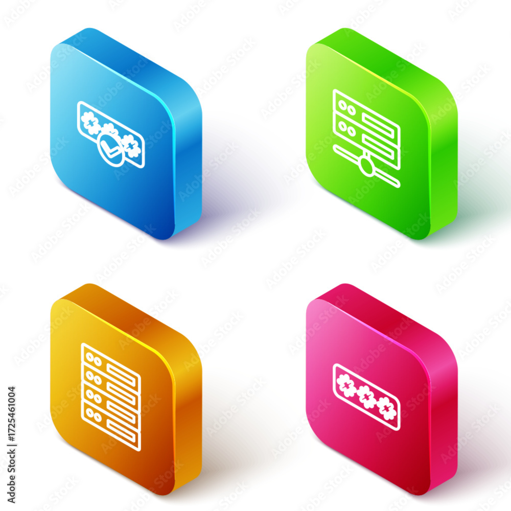 Poster set isometric line password protection, server, data, web hosting, and icon. vector