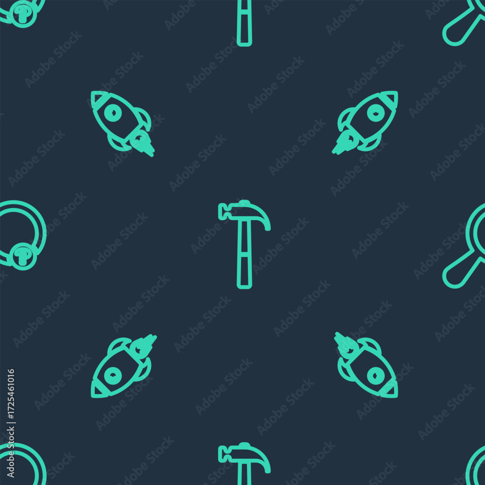 Poster Set line Hammer, Rocket ship with fire and Unknown search on seamless pattern. Vector