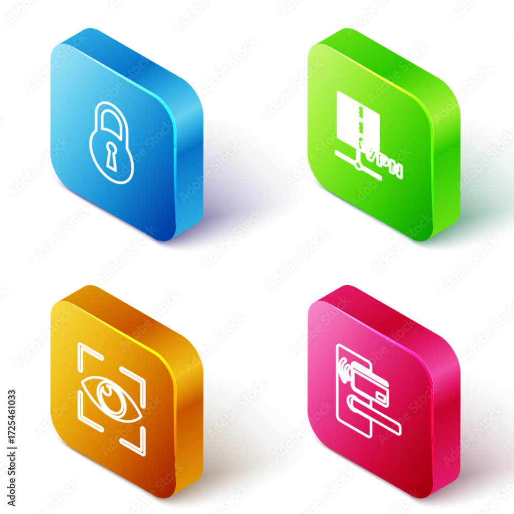 Poster set isometric line lock, server vpn, eye scan and digital door lock with wireless icon. vector