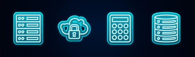 Set line Server, Data, Web Hosting, Cloud computing lock, Password protection and . Glowing neon icon. Vector